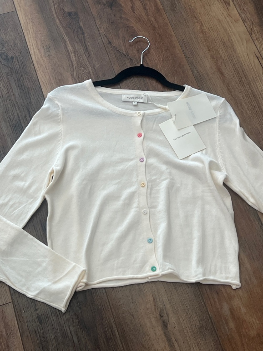 NWT S Rosie Posie Women's Cream Button-Front Cardigan with Multicolor Buttons